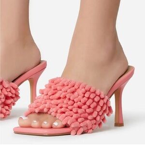 Lemonade Coral Pink Terry Mop Fringe Square Toe Heels Sandals 8.5